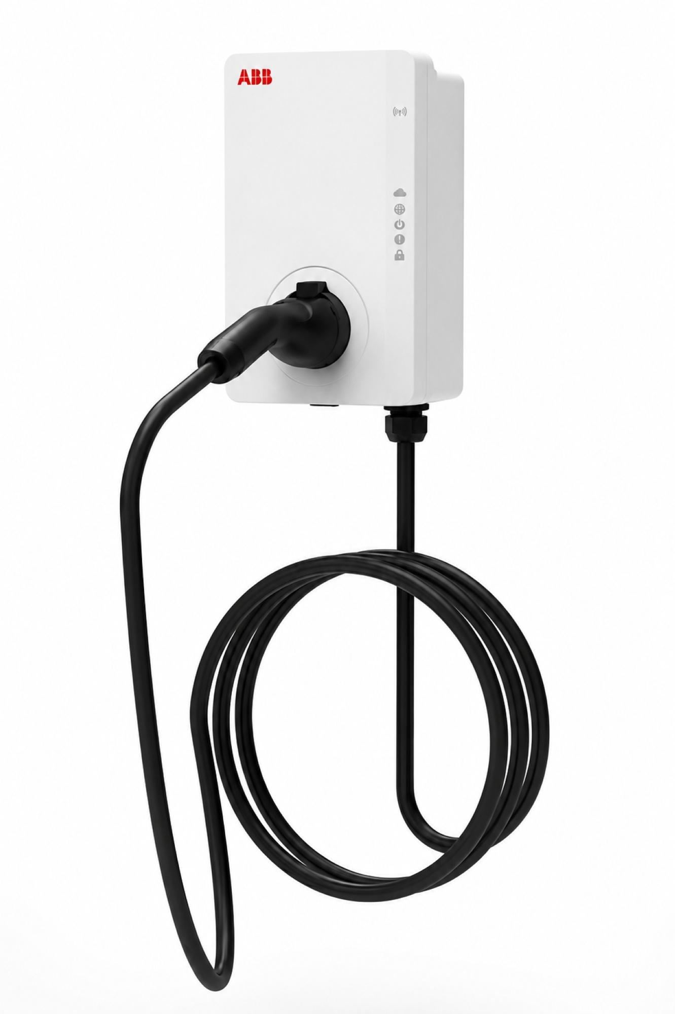 Hvid ABB Terra V2 11 kW ladeboks med fast sort Type 2-kabel
