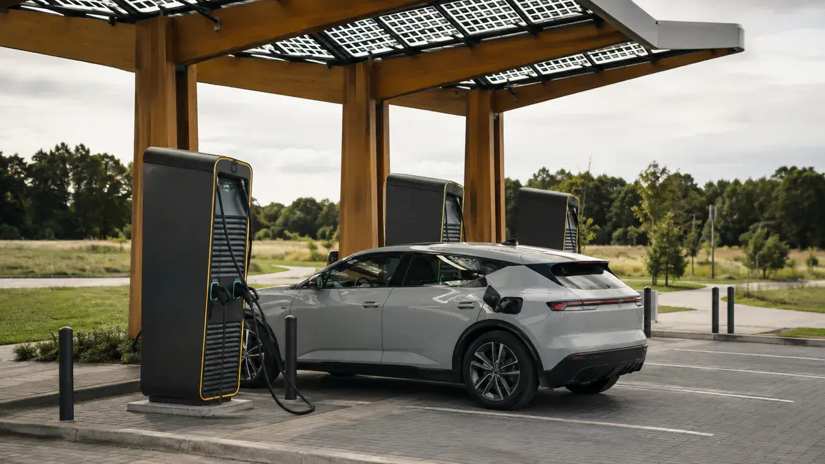 Fastned hurtigladestation med solcelletag