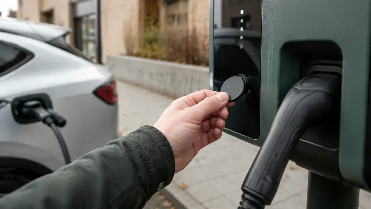 Ladekort og RFID-brik holdes op mod en offentlig ladestander